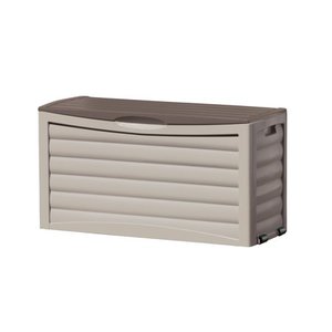 lot 5808 image: Suncast 63 Gallon Outdoor Deck Resin Storage Box, Light Taupe