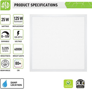 lot 5828 image: ASD 2x2 LED Flat Panel Light 25W(125W Repl) 4000K (Bright White) Back-Lit LED Drop Ceiling Light - Dimmable 0-10V, 3225 LM, 120-277V, Commercial Grade, UL, DLC Premium 2Pack