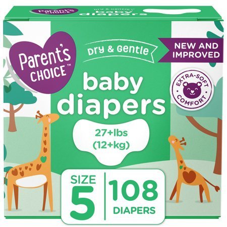 lot 100 image: Parents Choice Dry and Gentle Baby Diapers, Size 5, 108 Count
