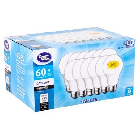 lot 133 image: Great Value LED Light Bulb, 9 Watts (60W Equivalent) A19 General Purpose Lamp E26 Medium Base, Non-dimmable, Daylight, 12-Pack