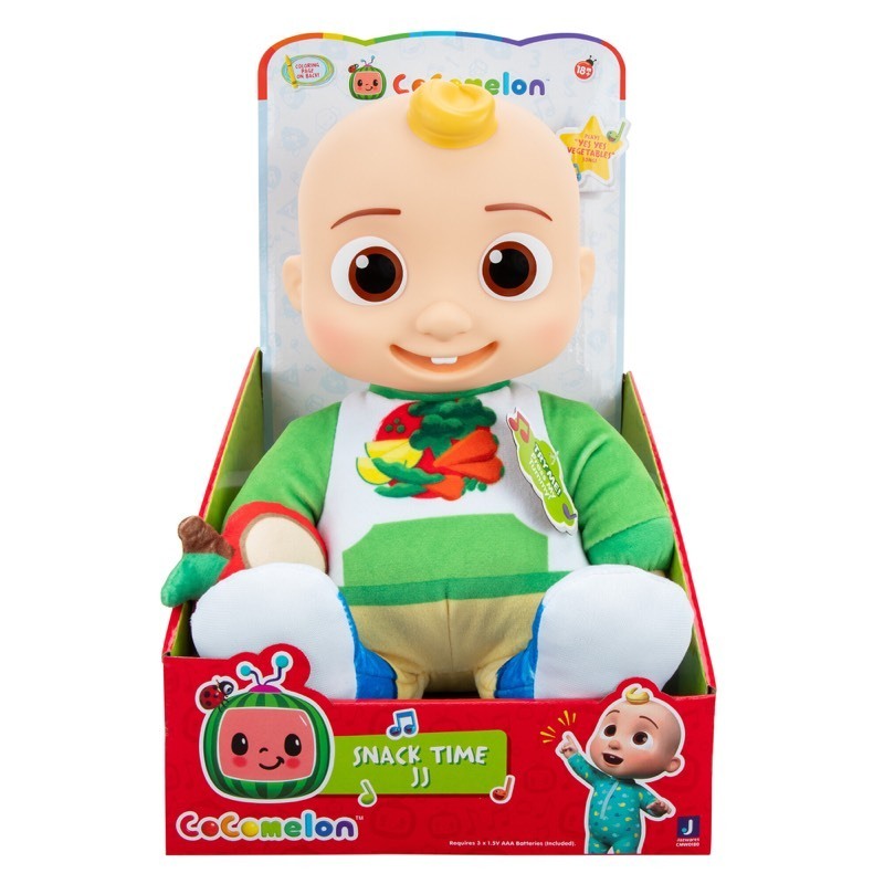 lot 157 image: CoComelon Snack Time JJ Plush Doll - Features JJ Doll with Red Apple Plush - Plays Sounds, Phrases, and Clips of Yes Yes Vegetables Song