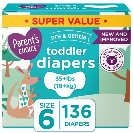 lot 218 image: Parents Choice Dry and Gentle Baby Diapers, Size 6, 136 Count