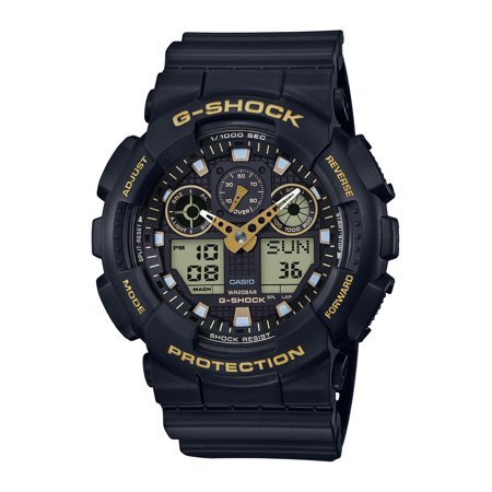 lot 303 image: Casio Mens G-Shock XL Series 200M WR Shock Resistant Resin Watch Color  Black with gold accents (GA-100GBX-1A9)