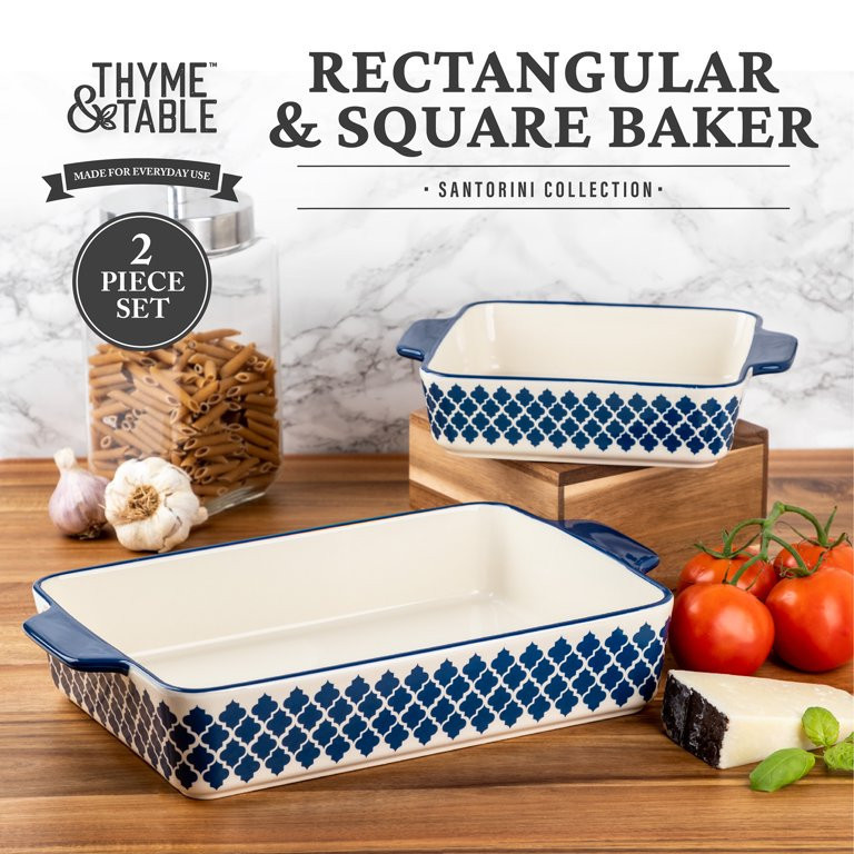 lot 343 image: Thyme & Table Stoneware Square & Rectangular Baker, Blue Pattern, 2-Piece Set