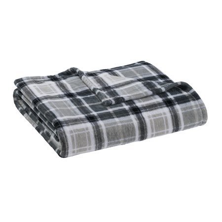 lot 373 image: Mainstays King Super Soft Plush Bed Blanket in Light Gray Plaid