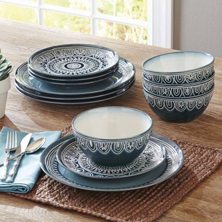 lot 436 image: Better Homes & Gardens Teal Medallion 12-Piece Dinnerware Set