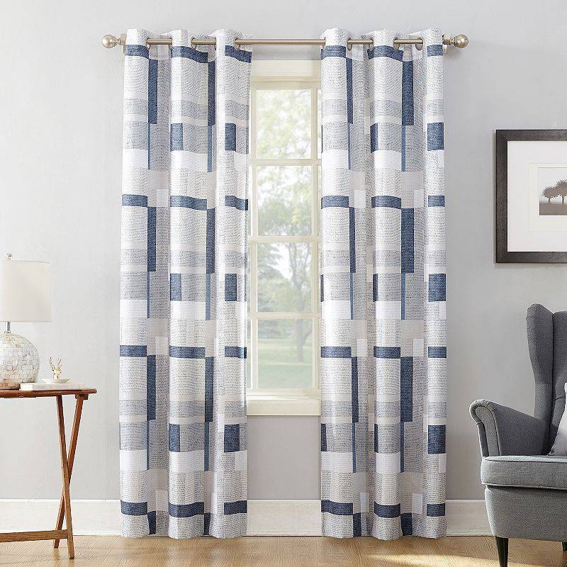 lot 22107 image: 96x40 Takumi Geometric Blocks Light Filtering Grommet Top Curtain Panel Navy - No. 918, One Panel