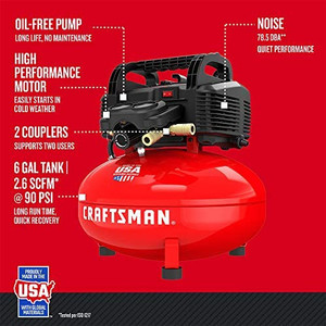 lot 20255 image: CRAFTSMAN Pancake Air Compressor 6 gal. Oil-Free CMEC6150K NEW