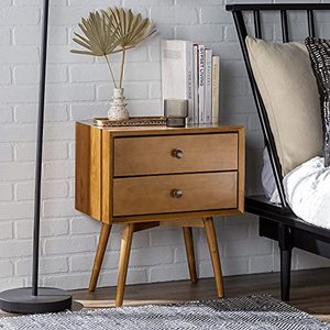 lot 20314 image: Walker Edison Mid Century Modern Wood Nightstand Side Table Bedroom Storage Drawer Bedside End Table, 2 Drawer, Caramel