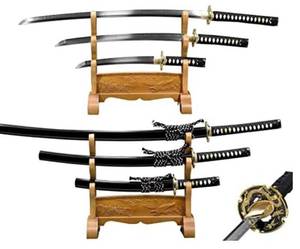 lot 1694 image: $$ Lyuesword Hand Forged Japanese Clay Tempered Sword Set (Katana  Wakizashi  Tanto) 3 Piece Black Sword Dragon Tsuba Full Tang Very Sharp Blade - Retail $499