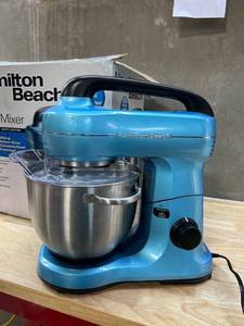 lot 1699 image: Hamilton Beach Electric Stand Mixer, 4 Quarts, Dough Hook, Flat Beater Attachments, Splash Guard 7 Speeds with Whisk, Blue- NO POWER