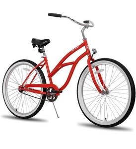 lot 11614 image: $$ Hiland 26 Inch Women Beach Cruiser Bike,Rear Coaster Brake,Low Step-Through High Carbon Steel Frame,Single Speed,Comfortable Seat with Dual Springs for Woman Man Adult Boy and Girl - Red