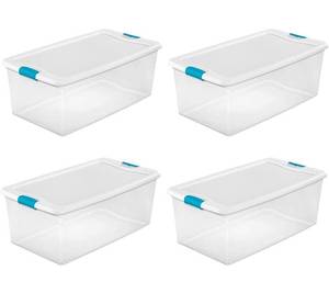 lot 12563 image: Sterilite 14998004 106 Quart WhiteClear Plastic Storage Box With Blue Aquarium Latches Pack of 4