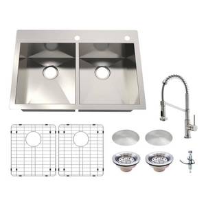 lot 13452 image: Glacier Bay AIO Zero Radius Drop-inUndermount 16G Stainless Steel 33 in. 2-Hole Double Bowl Kitchen Sink with Spring Neck Faucet, Brushed Stainless Steel