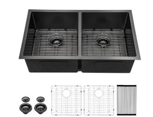 lot 13454 image: Lordear Logmey Gunmetal Black 16-Gauge Stainless Steel 33 in. Double Bowl 5050 Round Angle Undermount Kitchen Sink
