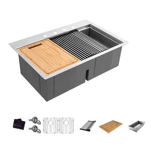 lot 13455 image: Glacier Bay Zero Radius Drop-in 18G Stainless Steel 33 in. 4-Hole 5050 Double Bowl Workstation Kitchen Sink with Accessories, Silver