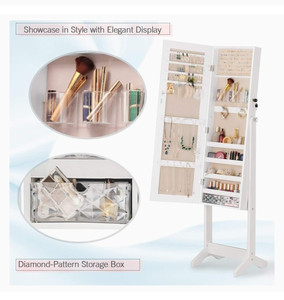 lot 16694 image: LUXFURNI LED Light Jewelry Cabinet Standing Full Screen Mirror Makeup Lockable Armoire, Large Cosmetic Storage Organizer w Brush Holder (White)
