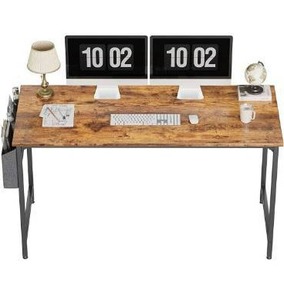 lot 100594 image: CubiCubi Study Computer Desk 55 Home Office Writing Small Desk, Modern Simple Style PC Table, Black Metal Frame, Rustic Brown