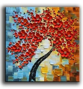 lot 100614 image: YaSheng Art -Modern Abstract Painting 3D Red Flowers Oil Painting On Canvas Tree Paintings Home Interior Decor Wall Art for living room Bedroom Ready to hang 24x24inch