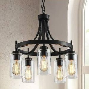 lot 100618 image: 5 Lights Antique Painted Vintage Farmhouse Chandelier Light Fixture with Glass Shades Farmhouse Pendant Lighting Wagon Wheel Chandelier,H22 x D21,Chain Adjustable