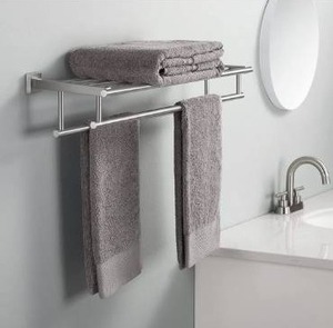 lot 100624 image: KES Large Towel Rack, Towel Shelf with Two Bar (30 Inch Stainless Steel) Shower Organizer Modern Square Style Wall Mount Brushed Finish, A2112S75-2