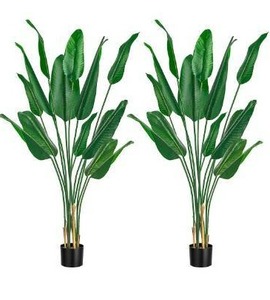 lot 100627 image: Ferrgoal Artificial Bird of Paradise Plants 5Ft Fake Tropical Palm Tree with 10 Trunks in Pot and Woven Seagrass Belly Basket Perfect Faux Plant for Home Indoor Outdoor Office Modern Decor Green��
