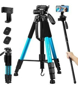 lot 100635 image: 72-Inch CameraPhone Tripod, Aluminum Tripod Travel Monopod Full Size for DSLR with 2 Quick Release Plates,Universal Phone Mount and Convenient Carrying Case Ideal for Travel and Work - MH1 Blue