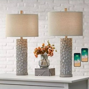 lot 100663 image: PoKat 27.75 USB Rustic Farmhouse Table Lamp Sets of 2 for Living Room Traditional Bedroom Bedside Nightstand Lamp with 2 USB Ports Grey