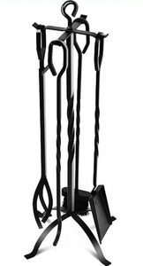lot 100678 image: 5-Piece Fireplace Tools Set 31����, Heavy Duty Wrought Iron Fire Place Toolset with Poker, Shovel, Tongs, Brush, Stand for Outdoor Indoor Chimney, Hearth, Stove, Firepit-Easy to Assemble, Black