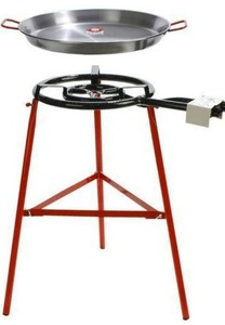 lot 100700 image: Garcima Tabarca Paella Pan Set with Burner, 20 Inch Carbon Steel Outdoor Pan and Reinforced Legs Imported from Spain (14 Servings)
