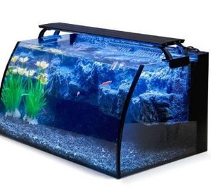 lot 100709 image: Hygger Horizon 8 Gallon LED Glass Aquarium Kit for Starters with 7W Power Filter Pump, 18W Colored led Light, Wide View Curved Shape Fish Tank with Undetachable 3D Rockery Background Decor