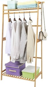 lot 100710 image: Ufine Bamboo Clothes Hanging Rack with 2 Tier Storage Shelves and 2 Coat Hooks Portable Laundry Rack Cloest Organizer Garment Rack for Bedroom Guest Room