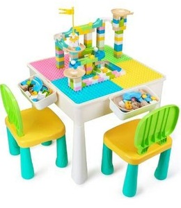 lot 100715 image: GobiDex 7 in 1 Multi Kids Activity Table Set with 2 Chairs and 100 Pcs Large Size Blocks Compatible with Classic Blocks.Water Table,Sand Table and Building Blocks Table for Toddlers Activity