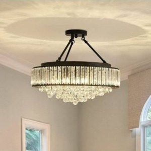 lot 100741 image: YYJLX 6-Light Modern Large Crystal Chandelier Black Metal E26 Semi Flush Mount Round Ceiling Light Fixture Ceiling Lamp Farmhouse for Dining Room Living Room Laundry room Foyer Kitchen Balcony Bedroom