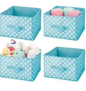 lot 100751 image: mDesign Soft Fabric Closet Storage Organizer Holder Box Bin - Attached Handle, Open Top, for ChildKids Bedroom, Nursery, Toy Room - Fun Polka Dot Print - Medium, 4 Pack - Turquoise BlueWhite Dots