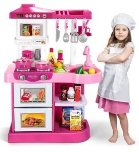 lot 100758 image: Temi Play Kitchen Playset Pretend Food - 53 PCS Pink Kitchen Toys for Toddlers, Toy Accessories Toddler Set w Real Sounds and Light, Toddler Outdoor Playset for Kids, Girls & Boys
