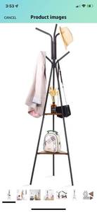 lot 100764 image: HOUSE DAY Coat Rack Stand, Standing Coat Rack, Hall Tree Freestanding Easy Assembly, Metal Hat Hanger for Entryway, Hallway, Bedroom, Office with 2 Shelves