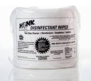 lot 100766 image: Monk Wipes Disinfecting Gym Wipes, One Step Cleaner, Disinfectant, Deodorizer and Sanitizer, 1 Pack of 800 Count Wipes, Great for Fitness Equipment , Yoga Mats, Dance Studios, Spinning Classes & More, 69800R