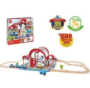 lot 100782 image: Hape Grand City Station with Light and Sound 49 PCs Wooden Pretend Play Railway Set with Projector and Recorder for Kids
