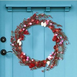 lot 100785 image: Remon 13 Prelit Valentine Wreath for Front Door, Artificial Red Pink White Heart Berries Wreath with 20 Red LED Lights Timer Battery Operated for Home Wedding Party Anniversary Decor Indoor Outdoor