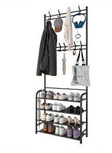 lot 100812 image: UDEAR Hall Tree,3 in 1 Entrance Coat Rack with Shoe Bench,4-Tier Storage Shelves and 8 Hooks,Multifunctional Storage Shelf,for Living Room,Barthroom,Hallway,Black