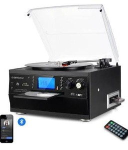 lot 100821 image: DIGITNOW Bluetooth Record Player Turntable with Stereo Speaker, LP Vinyl to MP3 Converter with CD, Cassette, Radio, Aux in and USBSD Encoding, Remote Control, Audio Music Player Built in Amplifier