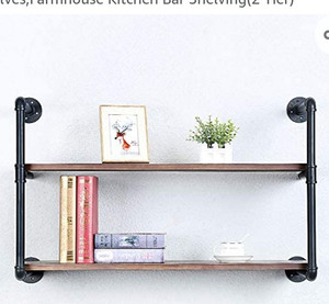 lot 29470 image: Industrial Pipe Shelving Wall Mounted,36in Rustic Metal Floating Shelves, Two Tier