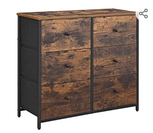 lot 29518 image: Fabric Dresser with Metal Frame, Wooden Top and Front, Brown and Black