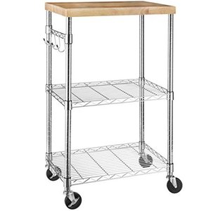 lot 29534 image: Basics Kitchen Rolling Microwave Cart on Wheels, Storage Rack, WoodChrome