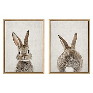 lot 29812 image: Kate and Laurel Sylvie Bunny Portrait and Bunny Tail Framed Canvas Wall Art by Amy Peterson, 18x24 Natural