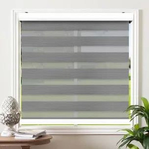 lot 1660 image: Biltek Cordless Zebra Roller Blinds Sheer ShadesFree-Stop Combi Blinds, Dual Layer, Sheer or Privacy - Gray, 72 W X 72 H