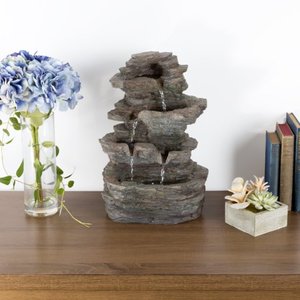 lot 1670 image: Tabletop Water Fountain with Cascading Rock Waterfall and LED Lights - Tiered Stone Table Fountain By Pure Garden (Office Patio and Home D &copycor)