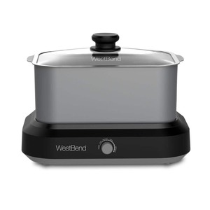 lot 1677 image: West Bend 87906 Large Capacity Non-Stick 6-Quart Versatility Cooker with 5 Different Temperature Control Settings Dishwasher Safe Includes A Travel Lid & Thermal Carrying Case, Silver