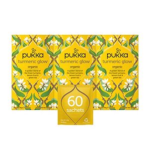 lot 50128 image: Pukka Organic Tea Bags, Turmeric Glow Herbal Whole Leaf Green Tea with Lemon, Perfect for Inner Radiance, 20 Count (Pack of 3) 60 Tea Bags